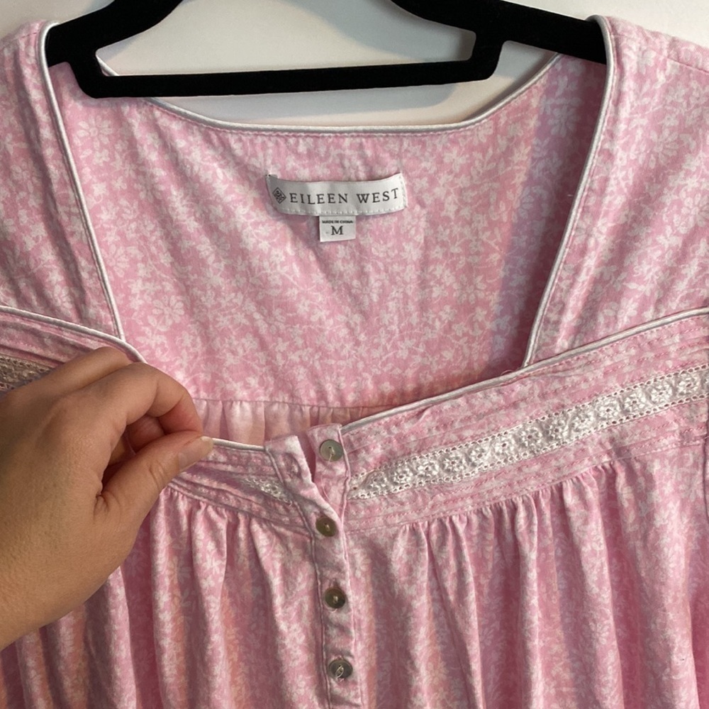 Eileen West Pink Floral Cap Sleeve Night Dress Lace Button Yoke EUC - Picture 4 of 11